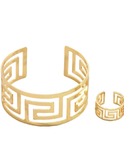 18K Gold-Plated Stainless Steel Geometric Bracelet and Ring Jewelry Set