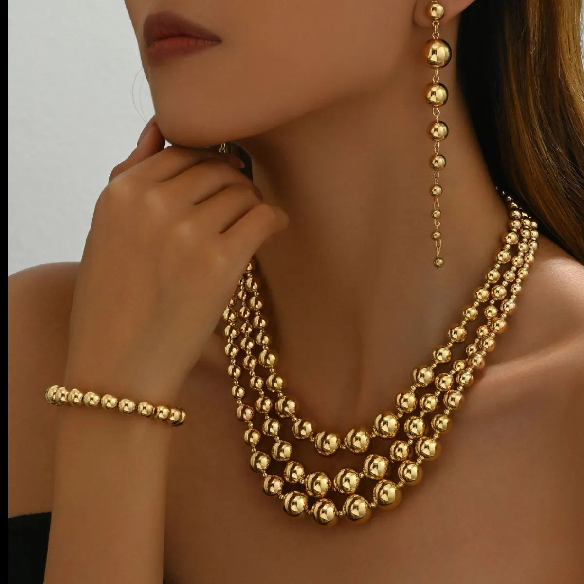 18K Stainless Steel Beaded Multi-Layered Necklace Bracelet Earrings Jewelry Set Gold One Size