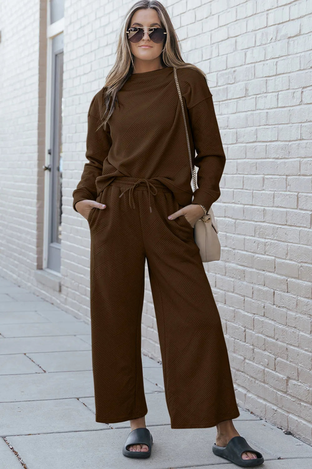 Double Take Full Size Textured Long Sleeve Top and Drawstring Pants Set Brown