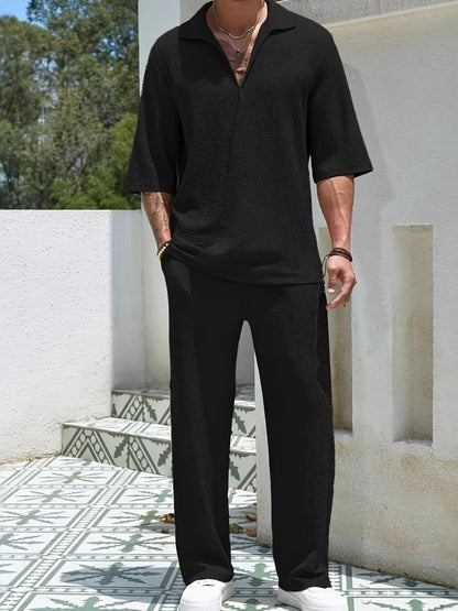 Men's Johnny Collar Half Sleeve Top and Pants Set Black