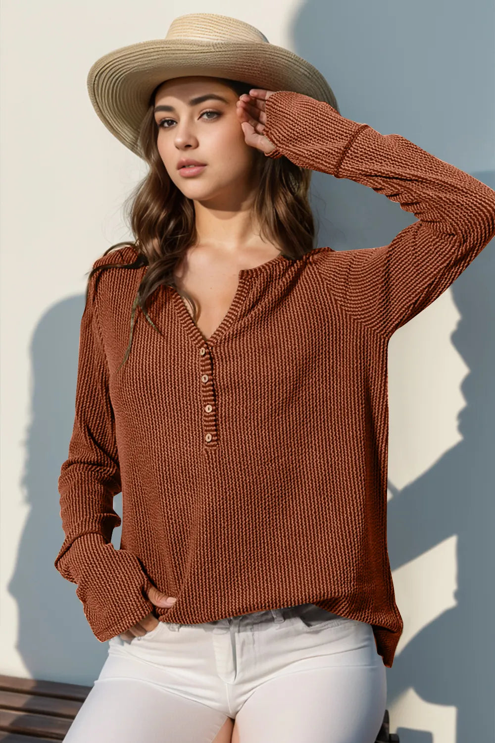 Double Take Full Size Notched Thumbhole Long Sleeve T-Shirt Caramel