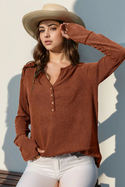 Double Take Full Size Notched Thumbhole Long Sleeve T-Shirt Caramel