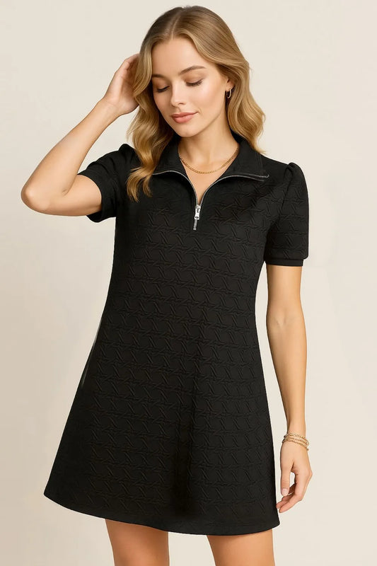 Oh Textured Quarter Zip Short Sleeve Dress Black