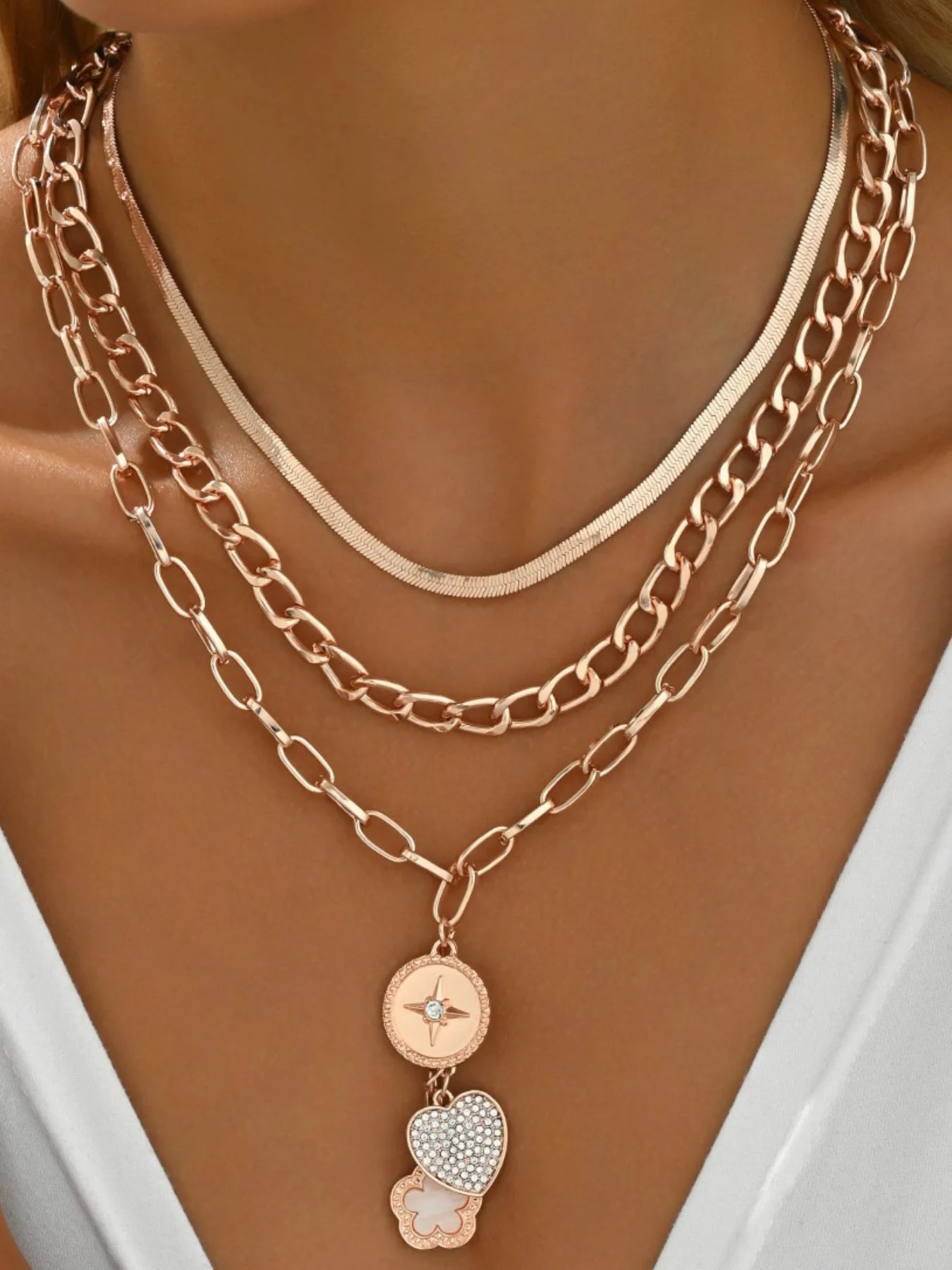 Stainless Steel Layered Necklace Copper One Size