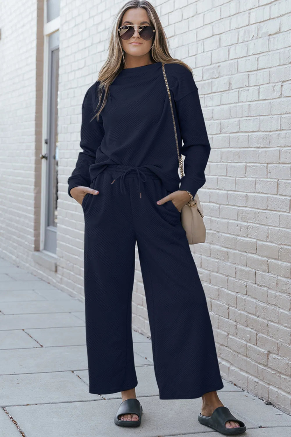 Double Take Full Size Textured Long Sleeve Top and Drawstring Pants Set Dark Blue