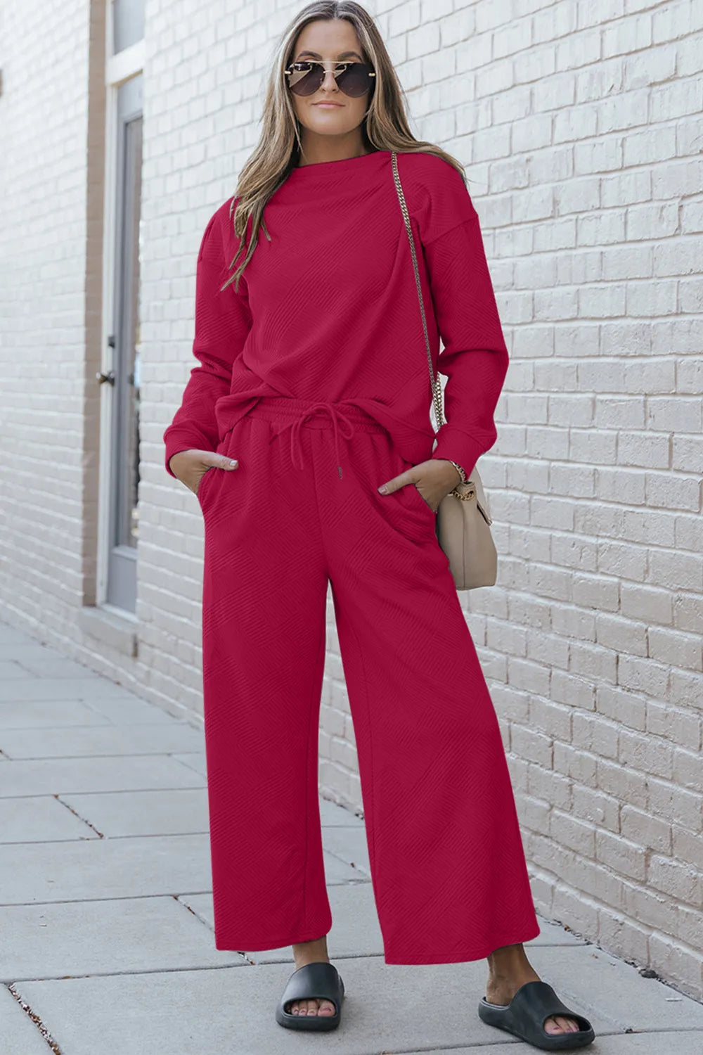 Double Take Full Size Textured Long Sleeve Top and Drawstring Pants Set Hot Pink