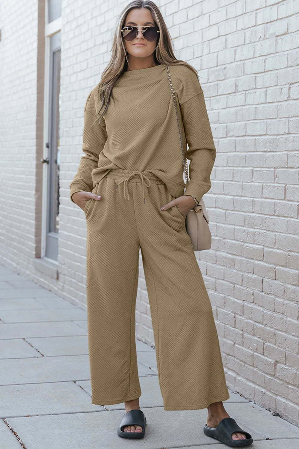 Double Take Full Size Textured Long Sleeve Top and Drawstring Pants Set Khaki