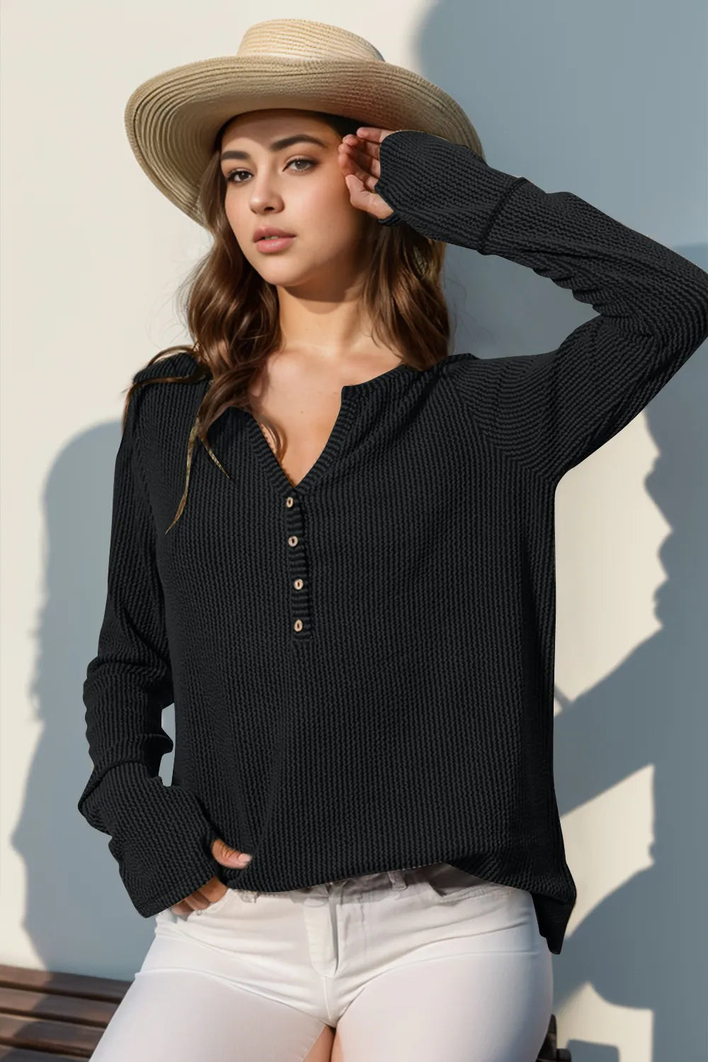 Double Take Full Size Notched Thumbhole Long Sleeve T-Shirt Black