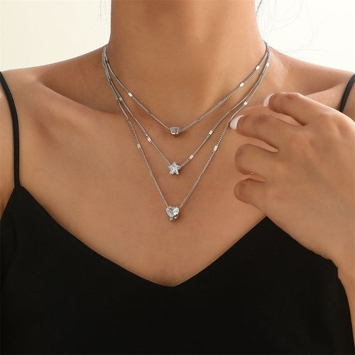 Zircon Necklace Multi-layer Five-pointed Star Love Water Drop Pendant Silvery