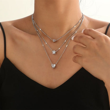 Zircon Necklace Multi-layer Five-pointed Star Love Water Drop Pendant Silvery