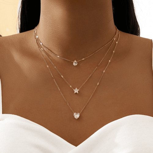 Zircon Necklace Multi-layer Five-pointed Star Love Water Drop Pendant Golden