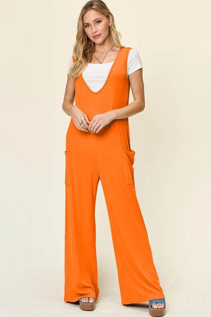 Double Take Full Size Sleeveless Wide Leg Jumpsuit with Pockets Tangerine