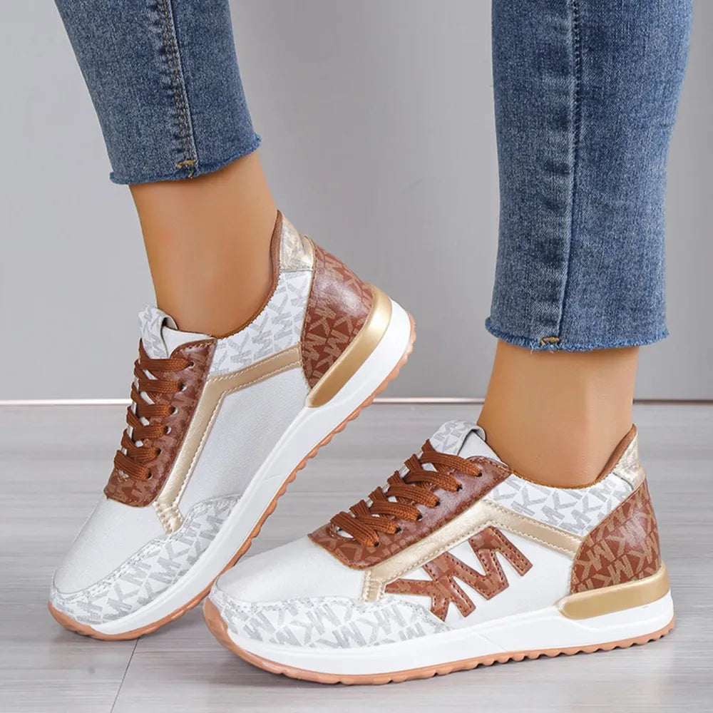 Contrast Lace Up Round Toe Sneakers Caramel