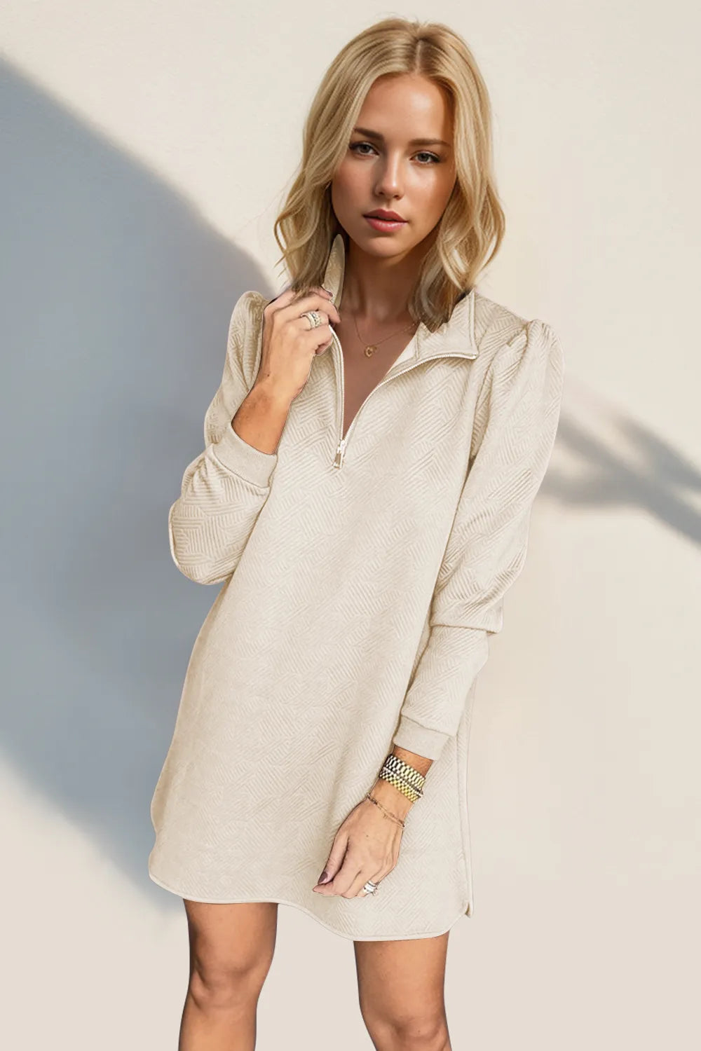 Double Take Textured Quarter Zip Long Sleeve Dress Dust Storm