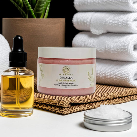 Glamura Oud & White Musk Exfoliating Body Scrub - 450g with Dead Sea Salt and Natural Oils