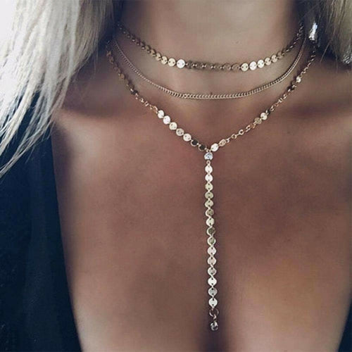Three Layer Lariat Necklace Gold